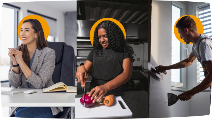 Drei Menschen aus unterschiedlichen Berufsfeldern – Büro, Gastronomie und Handwerk – vor gelben Kreisen im LifeTeachUs-Design.